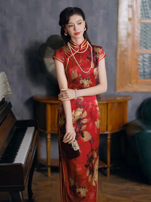 Mulberry silk long Chinese red dresses, high-end Cheongsam - Image 4