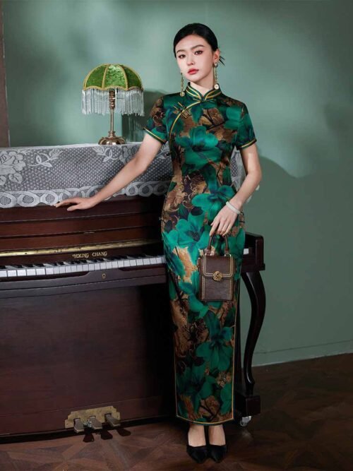 silk green Cheongsam dress