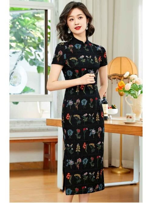 Black oriental dress, cotton and linen embroidered Cheongsam - Image 3