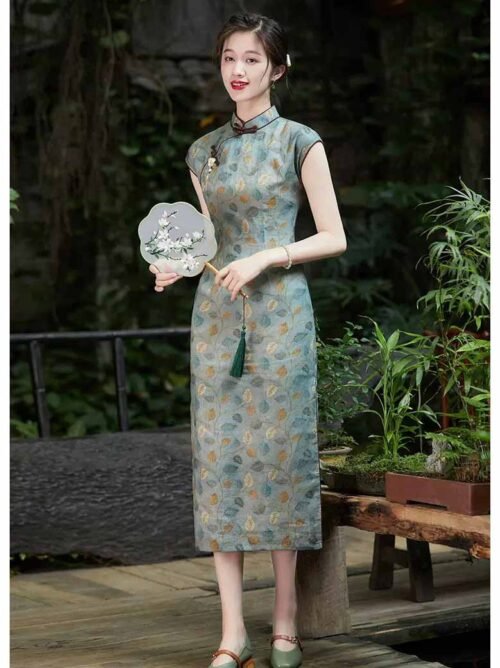 Linen Qipao grey brown Cheongsam dress - Image 3