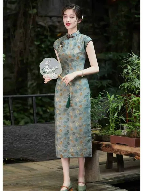 Linen Qipao grey brown Cheongsam dress - Image 3