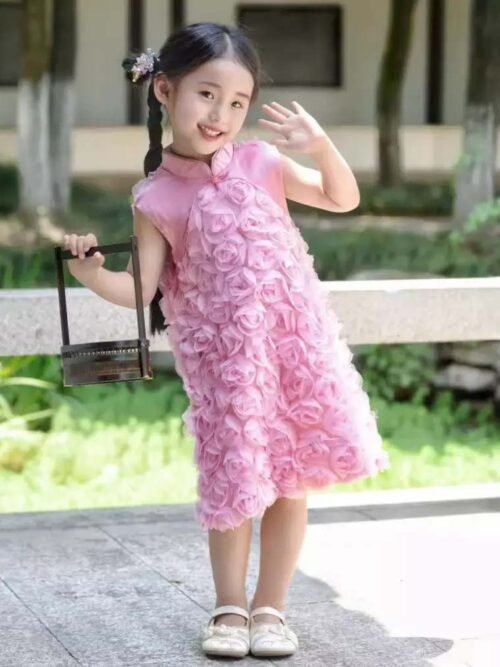 Pink Red kids Qipao dress girls rose - Image 6