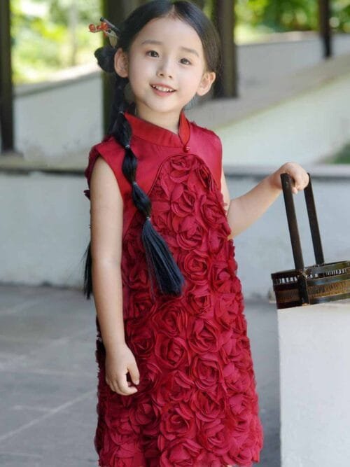 Pink Red kids Qipao dress girls rose - Image 2