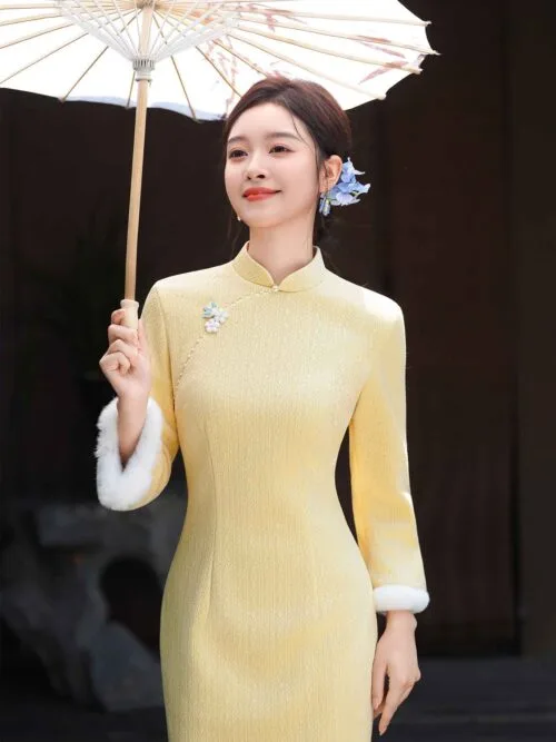 Yellow winter Qipao dress