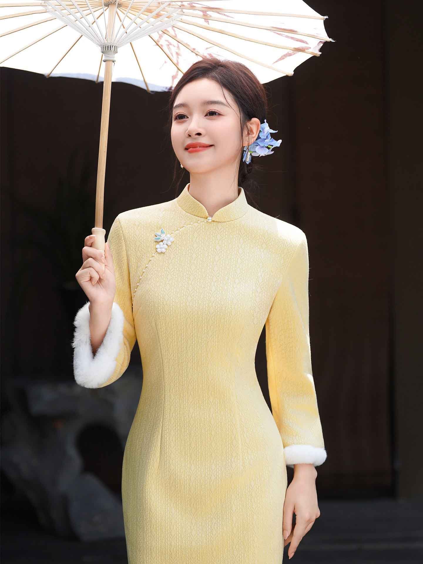 Yellow winter Qipao dress