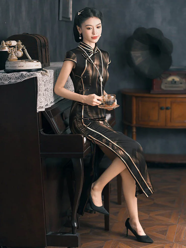 black and gold oriental dress Mulberry silk long Qipao black hanfu