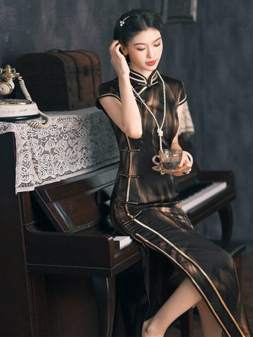 black and gold qipao dress