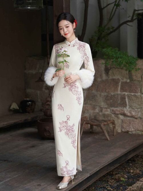 velvet white long sleeve Cheongsam dress wedding - Image 4