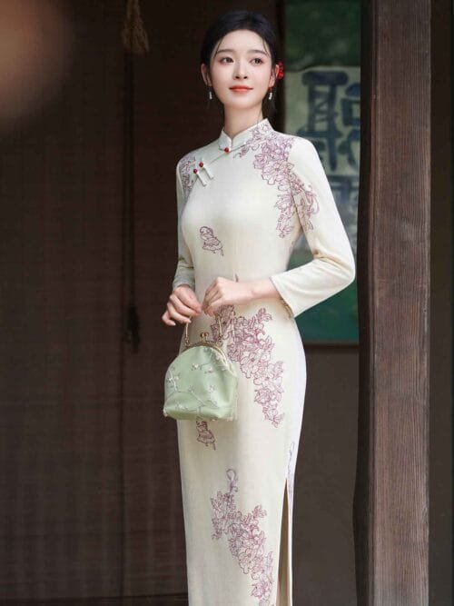 velvet white long sleeve Cheongsam dress wedding - Image 3