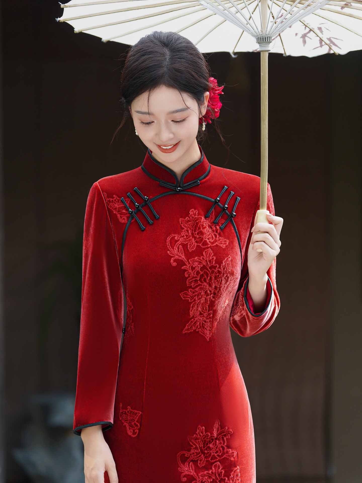 velvet wedding qipao dress