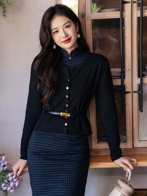 Plaid Cheongsam long sleeves