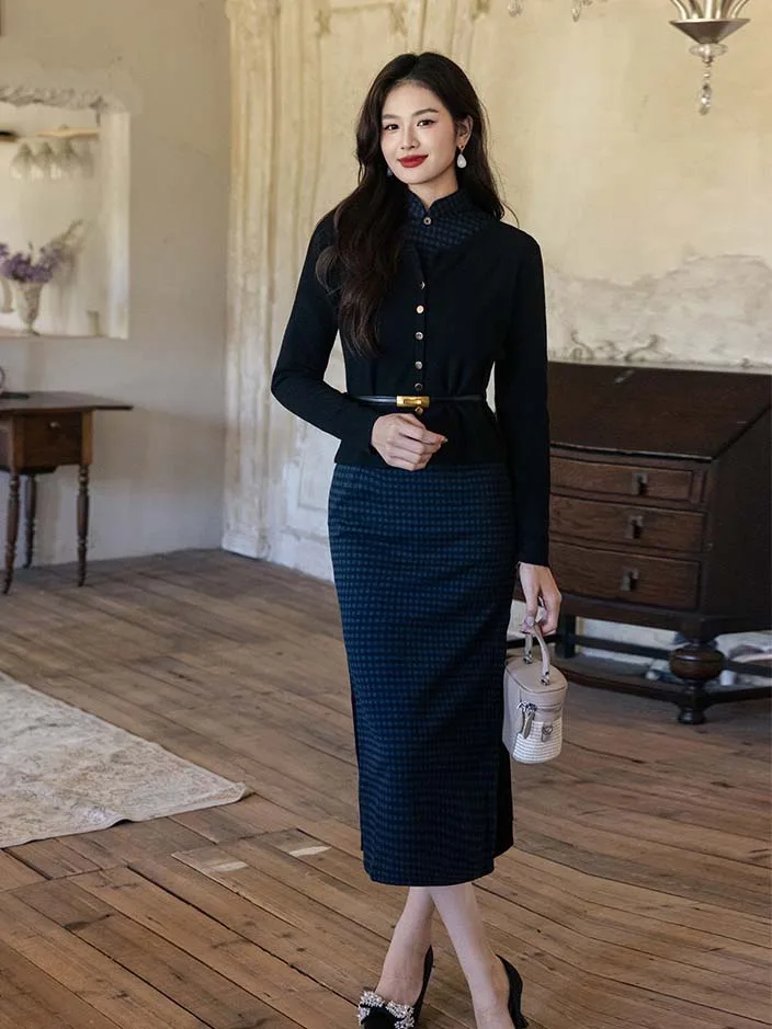 navy blue Cheongsam