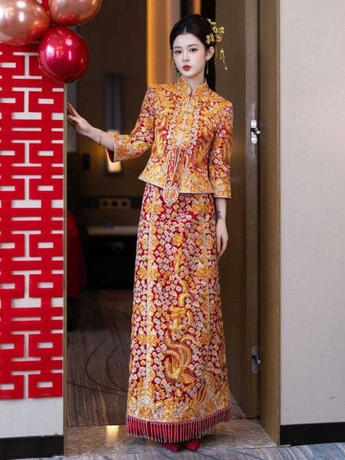 Red Phoenix Embroidered Bridal Qun Kwa Chinese Wedding Dress - Image 2