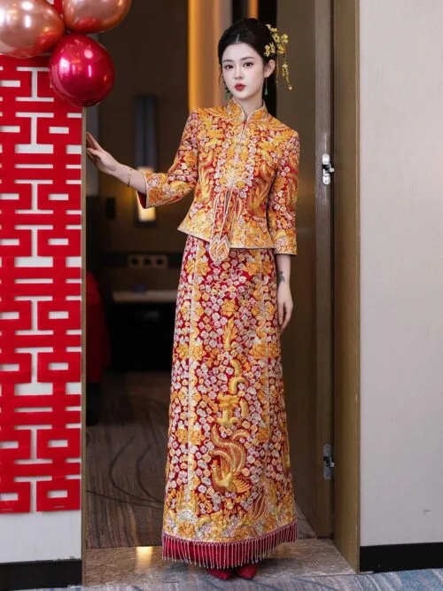 Red Phoenix Embroidered Bridal Qun Kwa Chinese Wedding Dress - Image 2