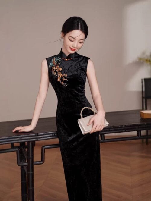 Black Velvet Qipao Dress with Floral Embroidery - Image 3