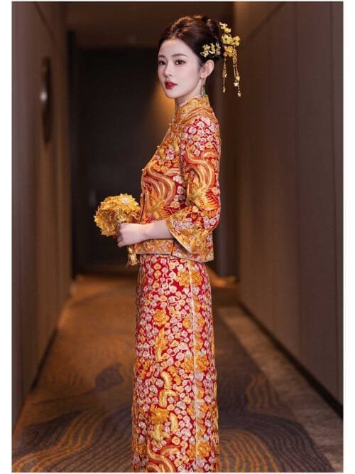 Red Phoenix Embroidered Bridal Qun Kwa Chinese Wedding Dress - Image 5