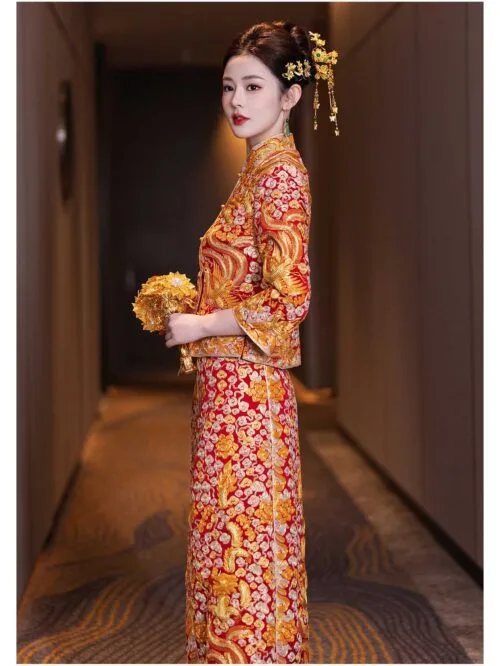 Red Phoenix Embroidered Bridal Qun Kwa Chinese Wedding Dress - Image 5