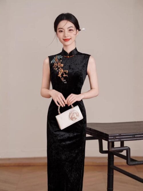 Black Velvet Qipao Dress with Floral Embroidery - Image 2