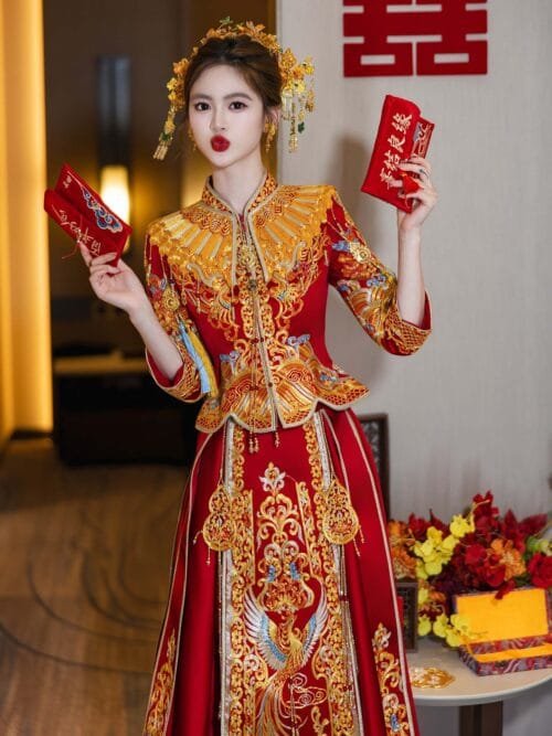 Red Bridal Qun Kwa Chinese Wedding Dress with Gold Phoenix Embroidery - Image 4