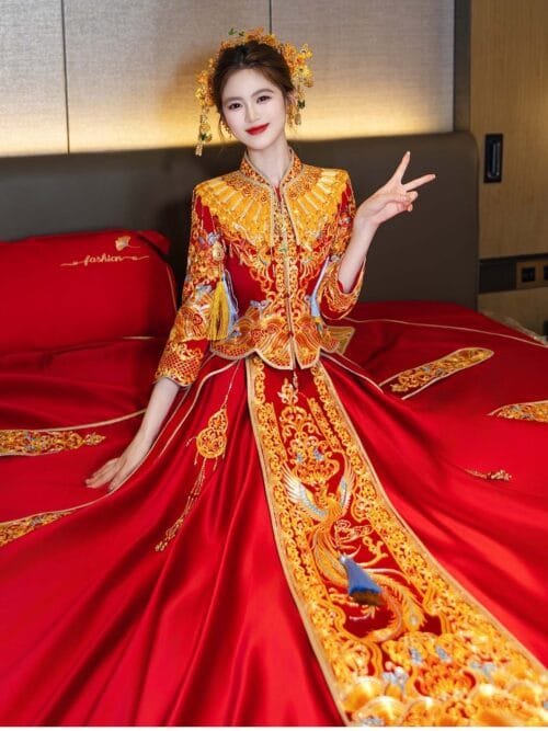 Red Bridal Qun Kwa Chinese Wedding Dress with Gold Phoenix Embroidery - Image 5
