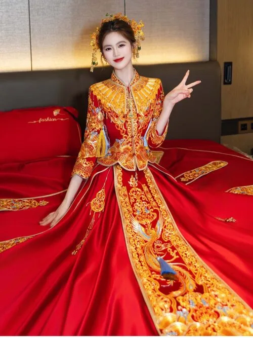 Red Bridal Qun Kwa Chinese Wedding Dress with Gold Phoenix Embroidery - Image 5