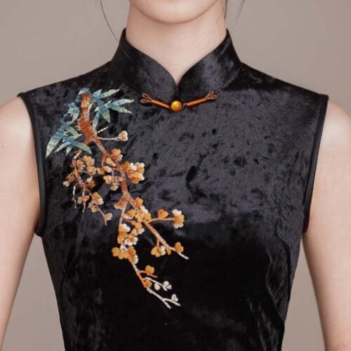 Black Velvet Qipao Dress with Floral Embroidery - Image 7